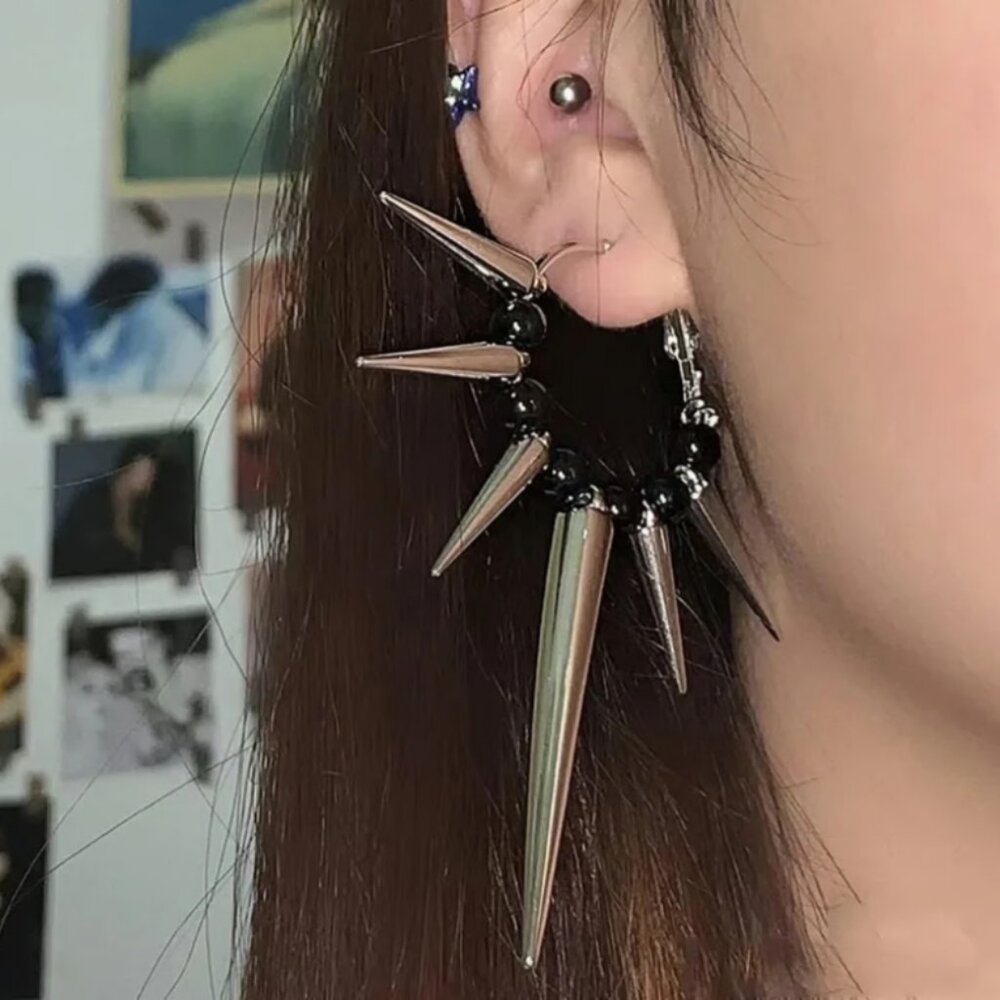 Spiked hoop earrings with alternating black beads, goth aesthetic